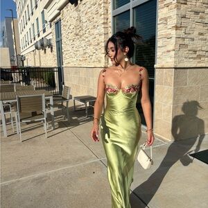 PRINCESS POLLY Green Satin Dress with Floral Accents